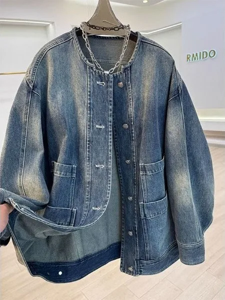 

Loose Fit round Ne Denim Jaet for Men And Women Multi ket Mid-Length Vintage Sle Anti-Wrinkle Autumn Winter Coat