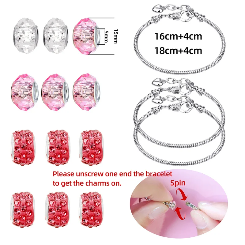 56 Pieces Lot Bracelet Making Kit with Heart Box Package European Beads Charms Crafts Necklace DIY Pendant Necklace Jewelry Kit