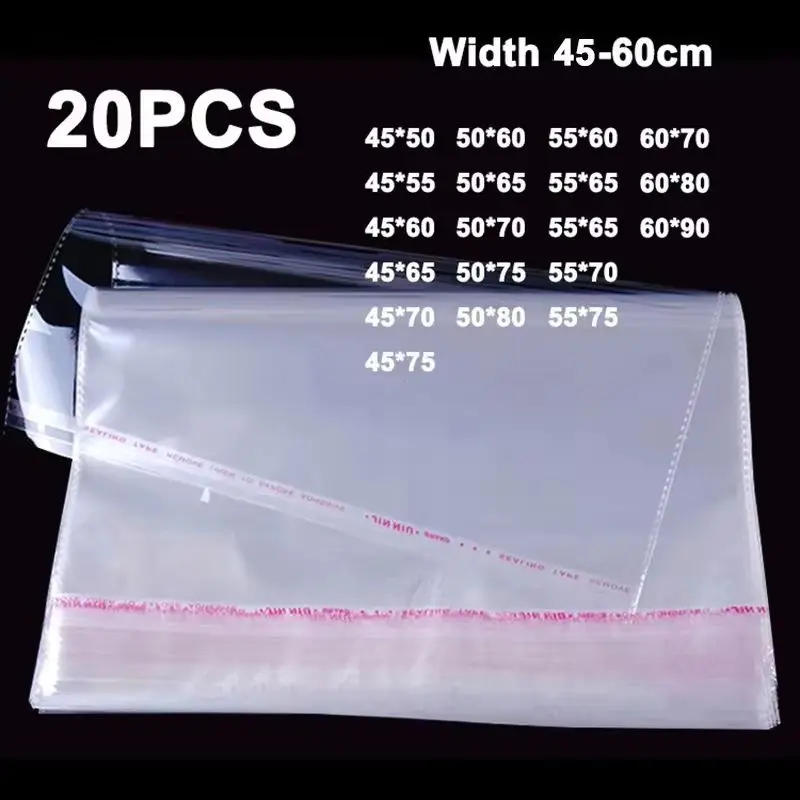 20pcs Oversized Clear Self Adaptive Sealing Opp Bag Transparent Plastic Bag Blanket Down Jacket Packaging Bag Width 40-60cm