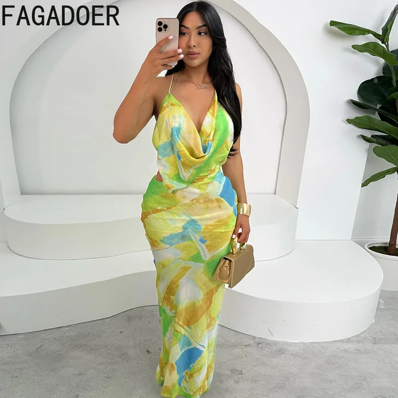 FAGADOER Y2K Sexy multicolore impression robe moulante femmes Spaghetti sangle sans manches dos nu robes femme discothèque robes