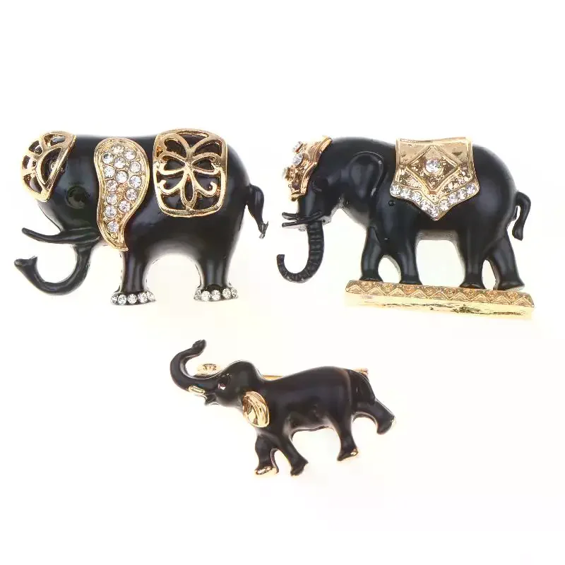Retro Black Gold Elephant Brooch Set Sparkly Rhinestone Delicate Craft Fashion Jewelry for Girls Birthday Anniversary Gift