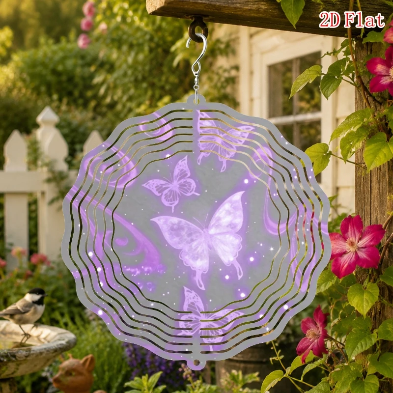 2D Flat Rotating Wind Chime Pendant - Silver Gray Purple Butterfly, 1360 Degree Creative Wind Chime Outdoor Garden Decoration