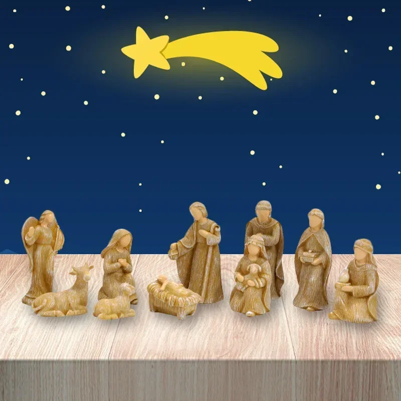 10pcs Ativity Birth Christmas Crib Scene Decorative Figurines Catholic Christian Room Decor Orthodox Manger Church Utensils Jesu