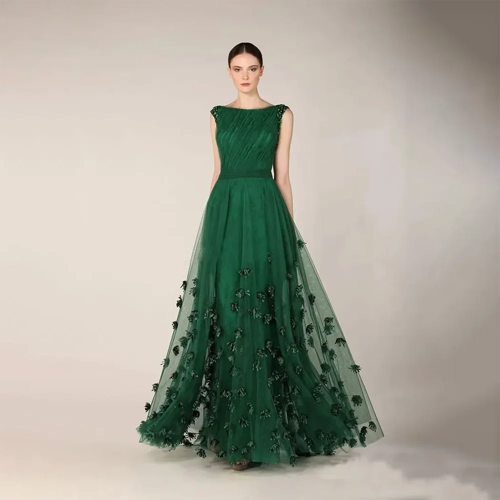 Hot Slae Emerald Green Prom Dresses Evening Gowns Bateau Neckline Cap Sleeves Tulle Appliques Flora Party Dress