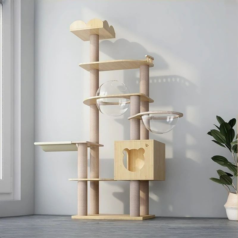 Solid Wood Cat Tree Large Cat Climbing Frame Space Capsule Cat Nest Integrated Cat House with Cat Jumping Platform Multi Cat Toy