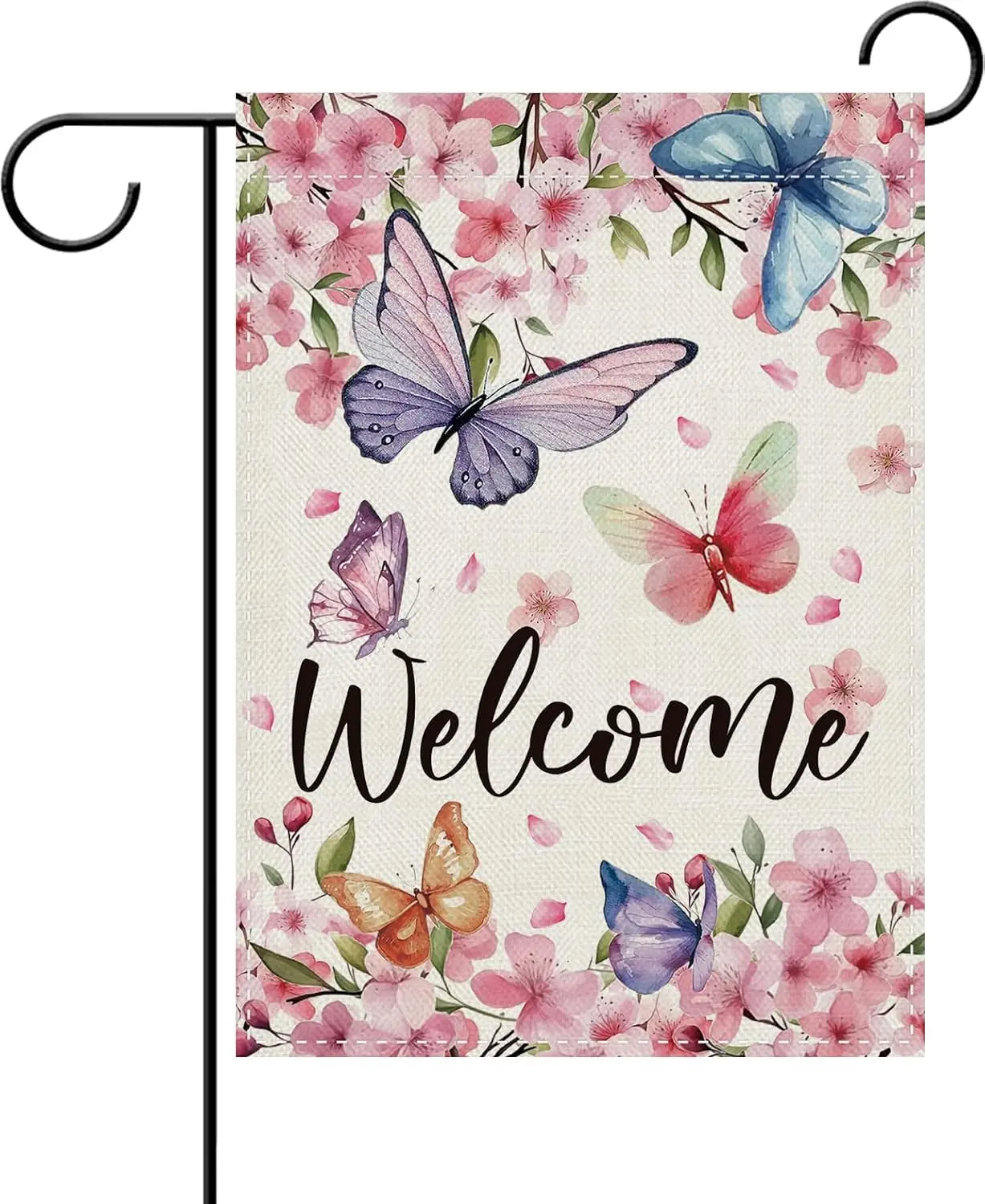 Dyrenson Welcome Spring Butterfly Floral Decorative Garden Flag, Pink Cherry Blossom Flower Yard Outside Home Decoration, Bo IIC