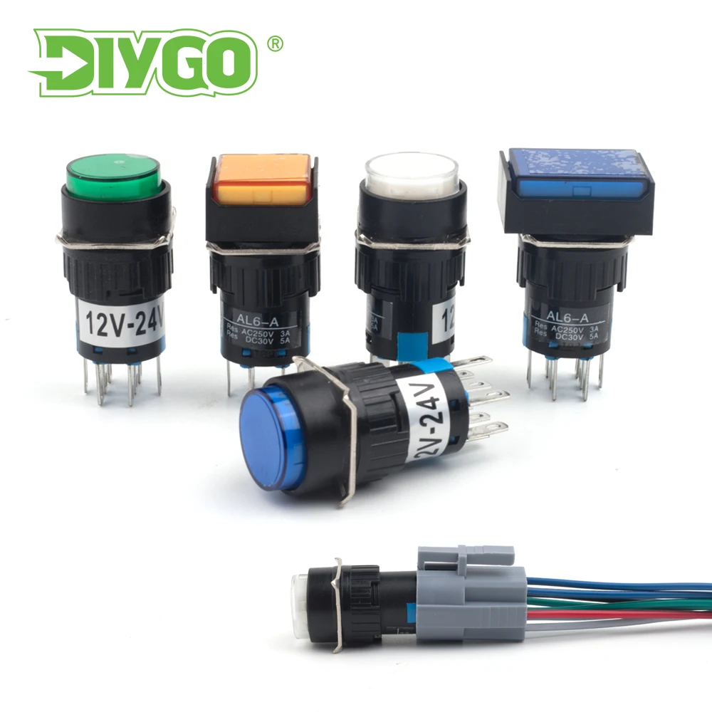 

16Mm 3/6 Pin No Light Push Button Switch Red Yellow Blue Green Square&round Rectangle Locking Reset Power Switchs with Socket