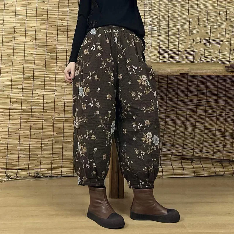 Print Loose Thicken Cotton Lady Ankle-Length Pants Fashion Vintage Casual Lantern Trousers Winter Female Warm Radish Haren Pants