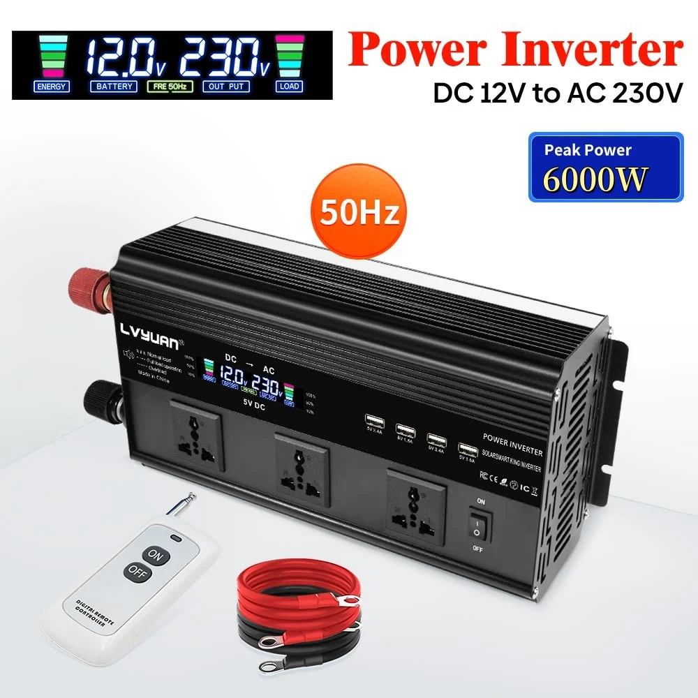 3000W/6000W Inverter Modified Sine Wave 12V 24V 220V LCD Display Multi-funtion Socket Converter 4 USB Charging Solar Inverter