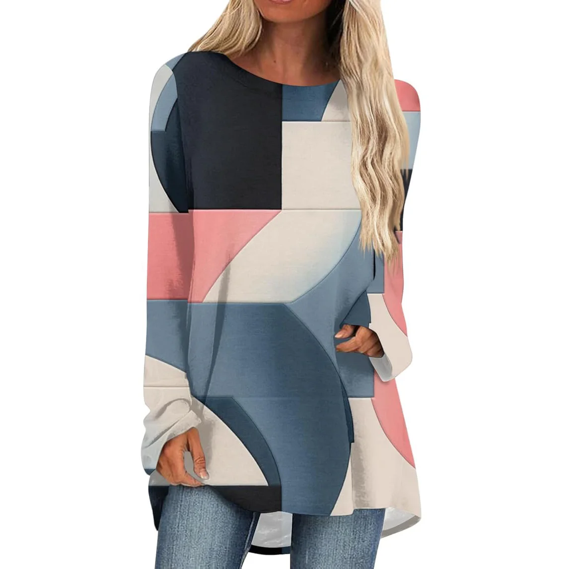 

Women's Casual Fashion Geometric Pattern Printed Long Sleeve Crew Neck Jumper Long Top Long Sleeve T-shirt