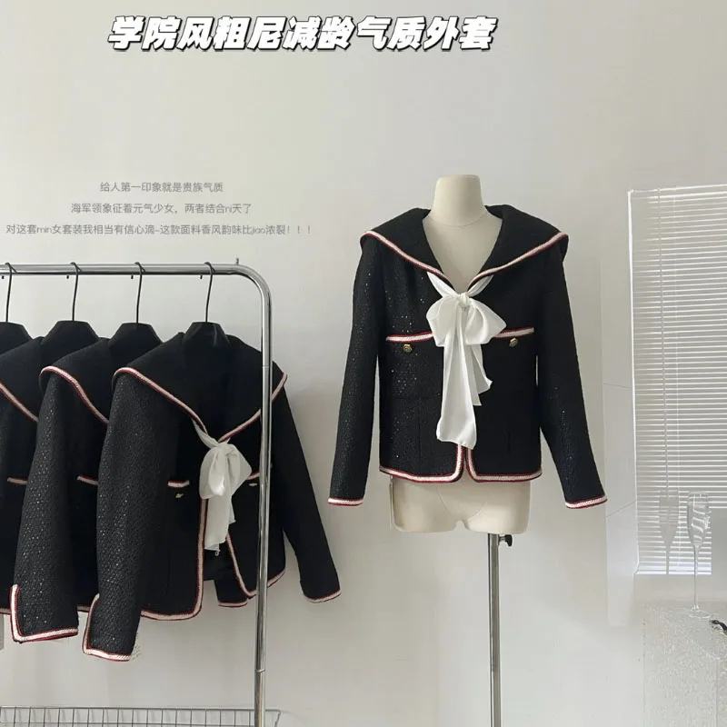 Cute Temperament Doll Commute Warm CoatBlack Chic Tie Bow Sense Of Design Patchwork Jacket