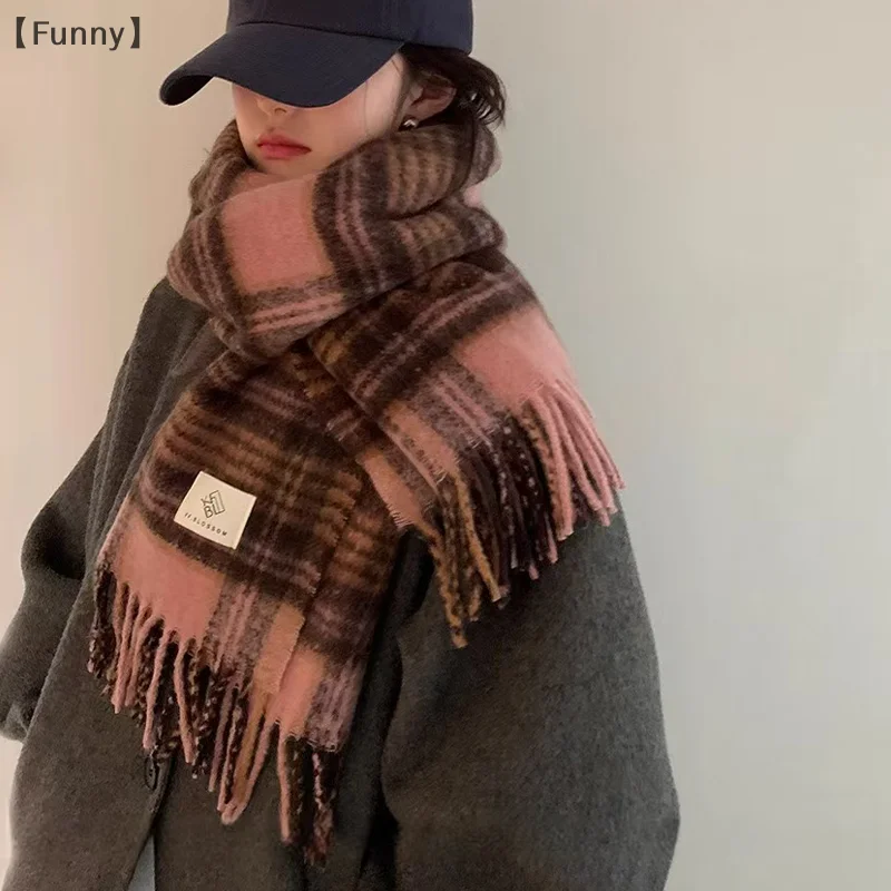 〔Lucu〕 Syal Pasangan Baru Musim Gugur dan Musim Dingin Syal Tebal Hangat Wanita Syal Leher Kotak-kotak Gaya Retro Santai