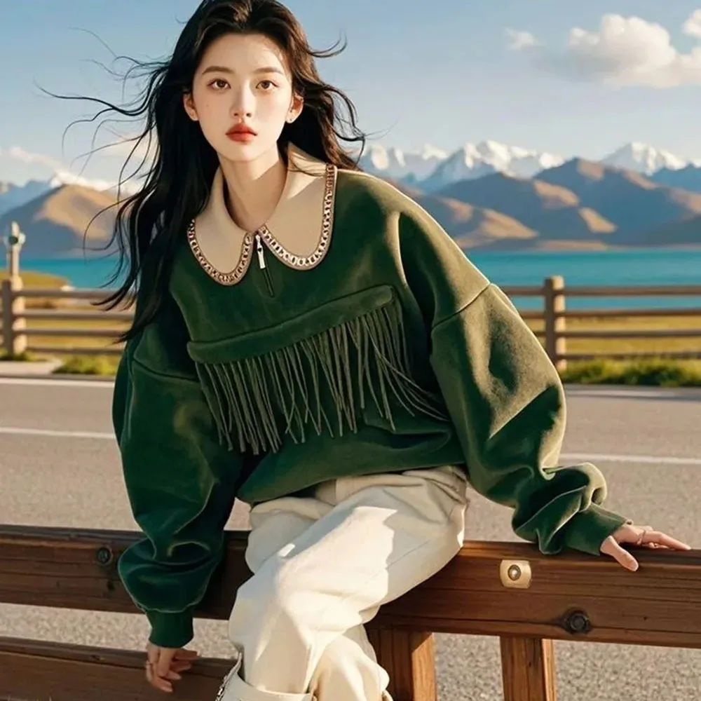 

Casual Tassel Women Sweatshirt Fashion O-neck Long Sleeve Hoodies Women Ethnic Style Coat Girl Female Clothes 2025 Chic Pullover