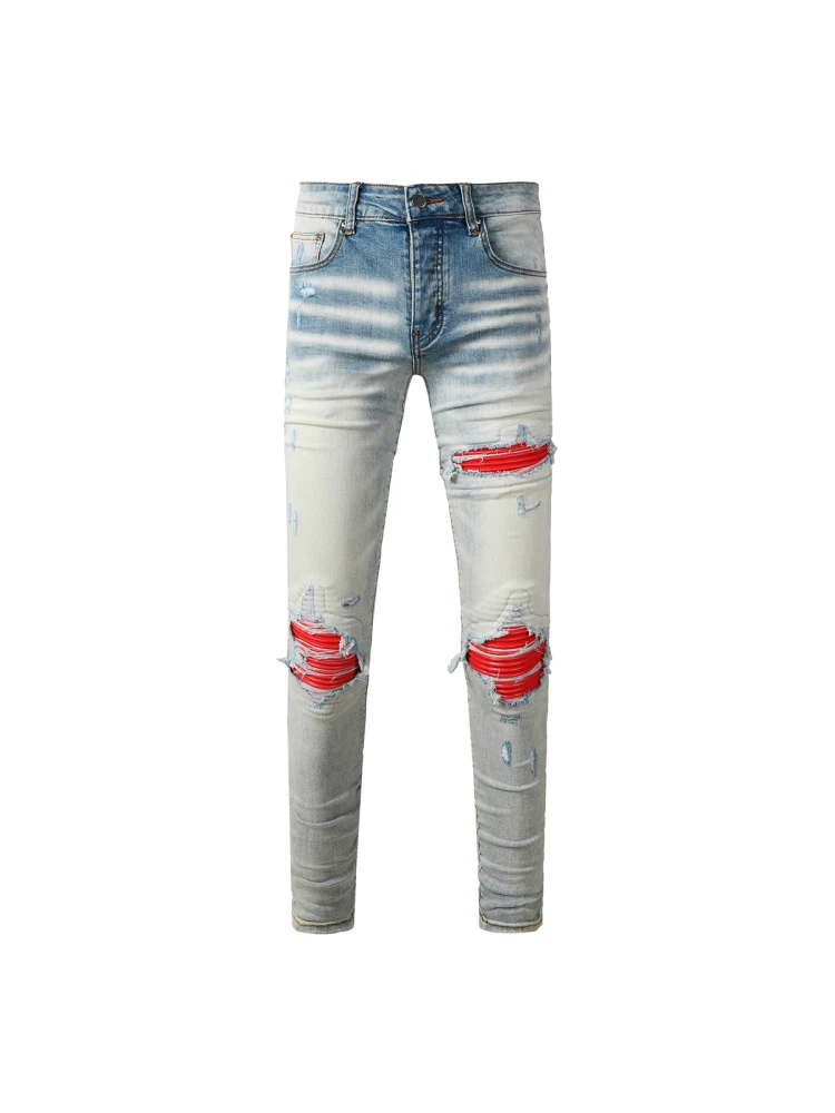 

AMR Jeans MX Men's Slim Fit Denim Pants Tear PU Leather High Street Sle Faionable Urban Wear Youth Casual Long Trousers
