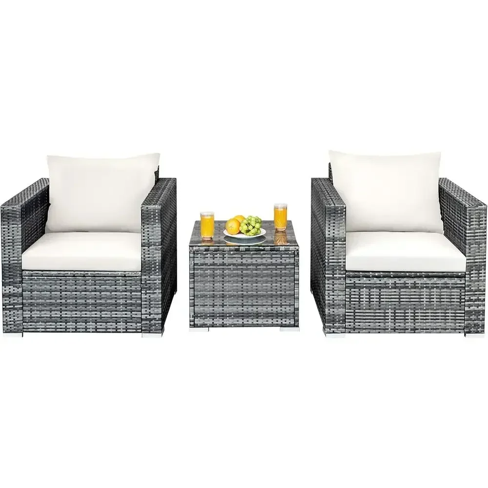 3-Piece Outdoor Wicker Sofa Set with Coffee Table and Cushions for Patio, Balcony, Porch, or Garden