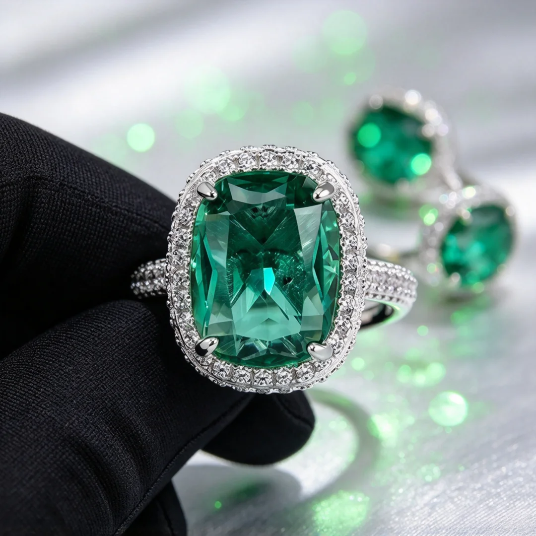 925 Sterling Silver Light Luxury Emerald Ring, Cushion-shaped Simulated Emerald with Surrounding Diamonds Band, Women's Jewelry