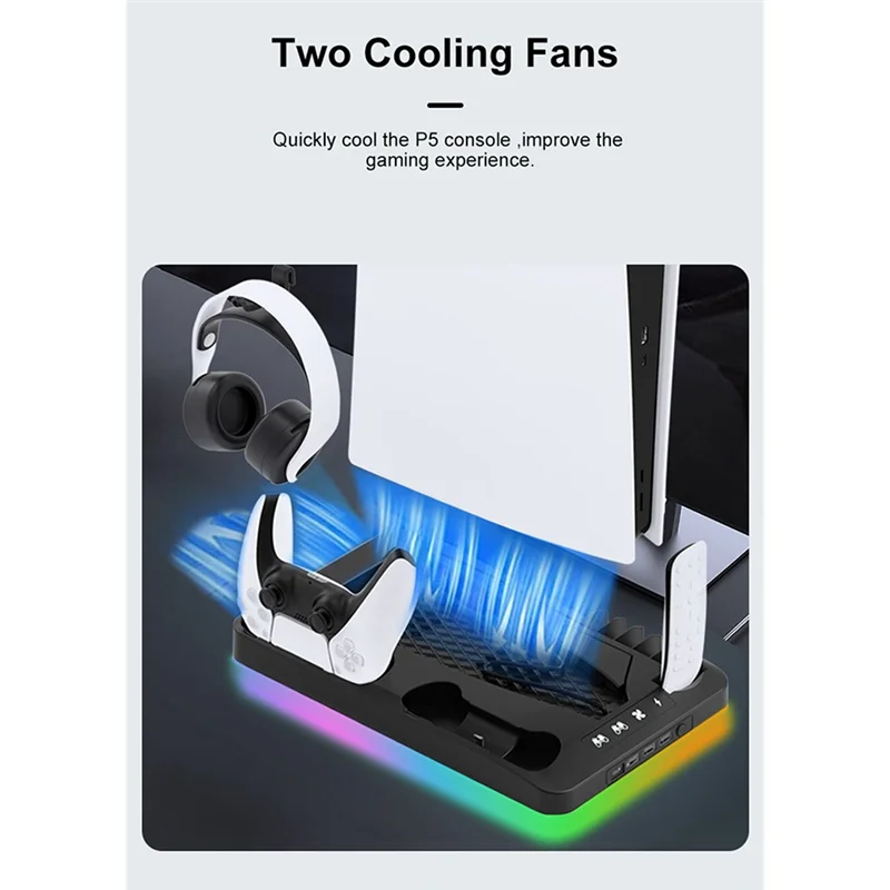 

База для рассеивания тепла хоста PS5 с 7-цветным световым эффектом, крючок для наушников, стеллаж для хранения игровых дисков для ручки PS5