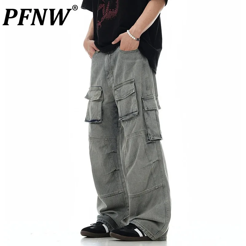 

PFNW American-style Multi-pocket Work Pants Men's High Street Washed Distressed Casual Grey Jeans Tide Autumn Trousers 28W3875