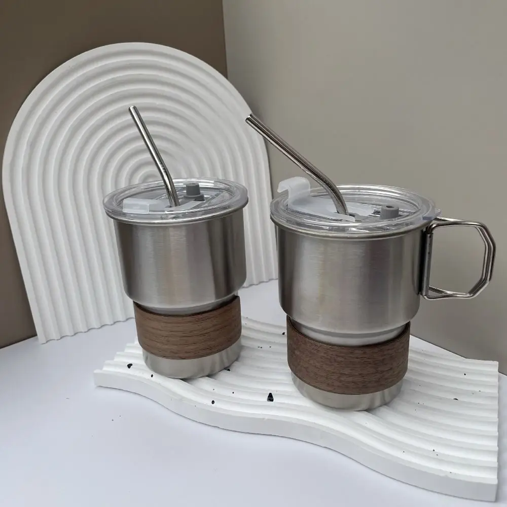 

Portable 290ml/480ml Coffee Mug 304 Stainless Steel Thickened Water Cup Anti-Scalding Wood Cover with Lid Beer Mug Travel