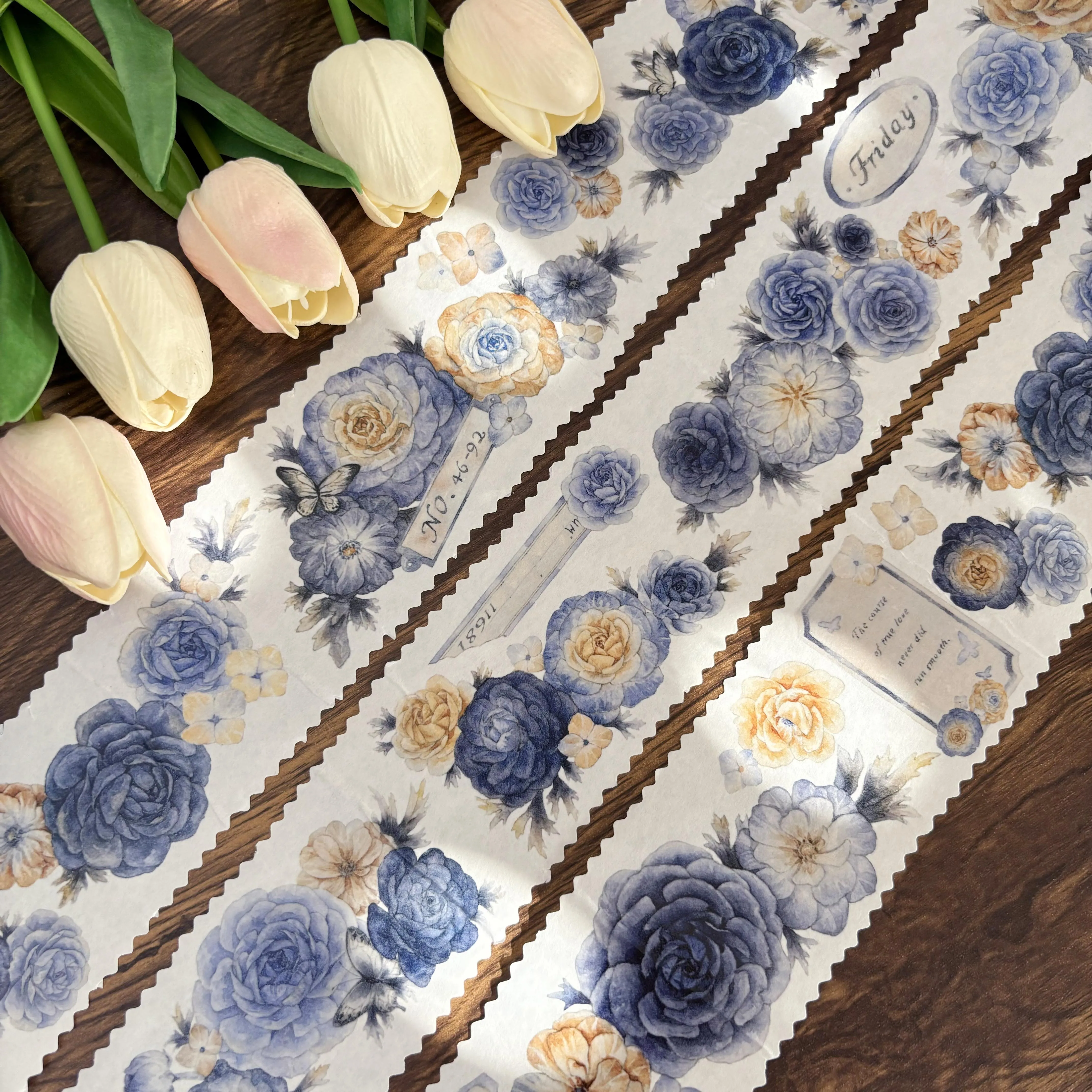 

Blues Light Retro Blue Big Flower washi pet tape roll Journal Retro
