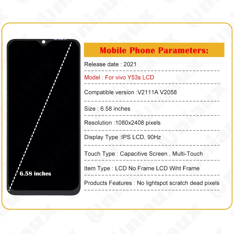 LCD Display Touch Screen Digitizer Assembly, peças de reposição para VIVO Y53S 5G, V2111A, V2058, 6,58"