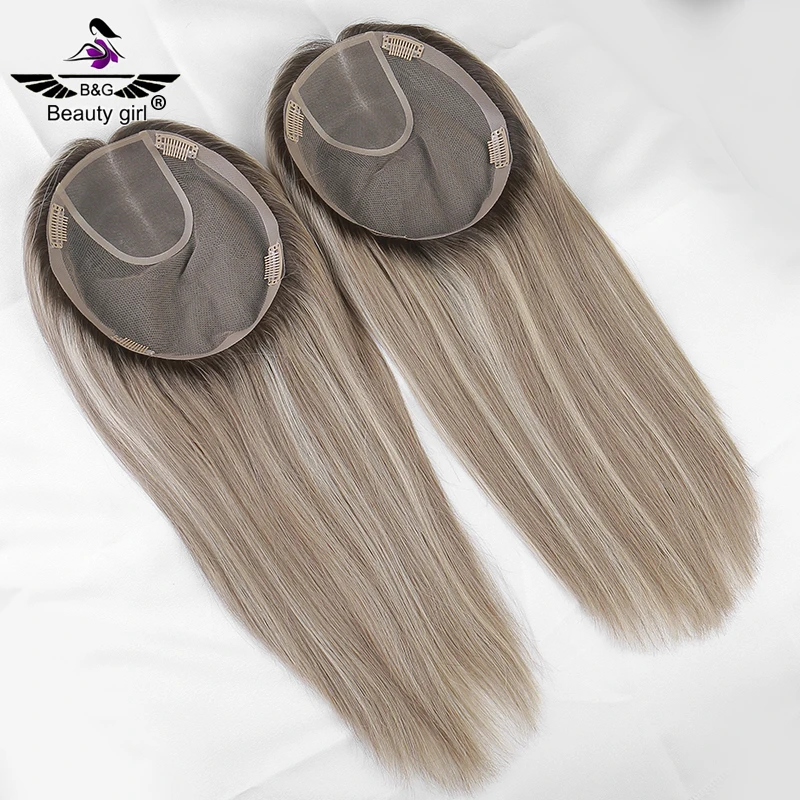 

Brown With Blonde Highlight Remy European Human Hair Pieces For Thinning Hair Size 9X9 Inch Hair Topper Mono Base
