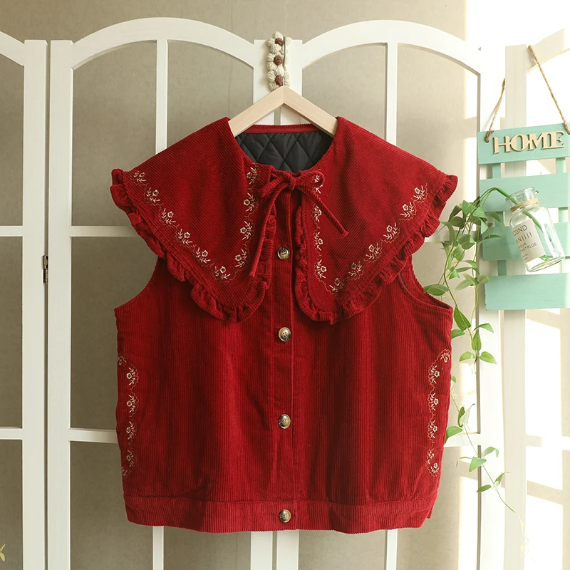 Autumn Winter Sweet Embroidered Corduroy Vest Tops Women Casual Sleeveless Tops WH1007