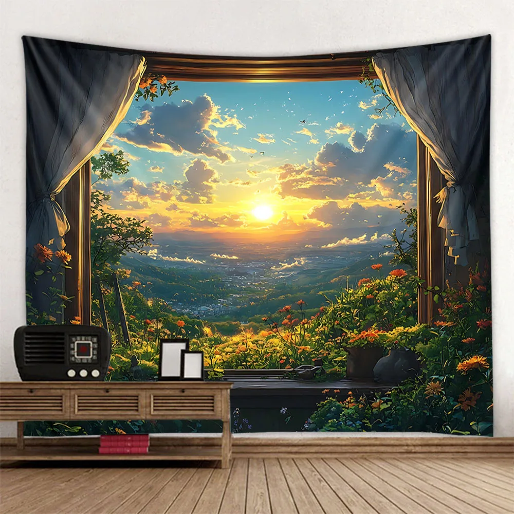 

Home Decoration Tapestry Balcony Window Landscape Art Wall Hanging Aesthetics Wall Decoration Hippie Background Cloth