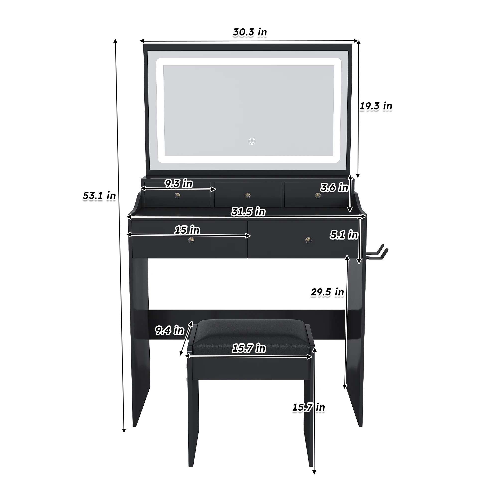 [US Stock] Makeup Vanity Desk with Lighted Mirror, Power Outlet & Hair Dryer Holder, 5 Drawers Dressing Table for Bedroom, Black