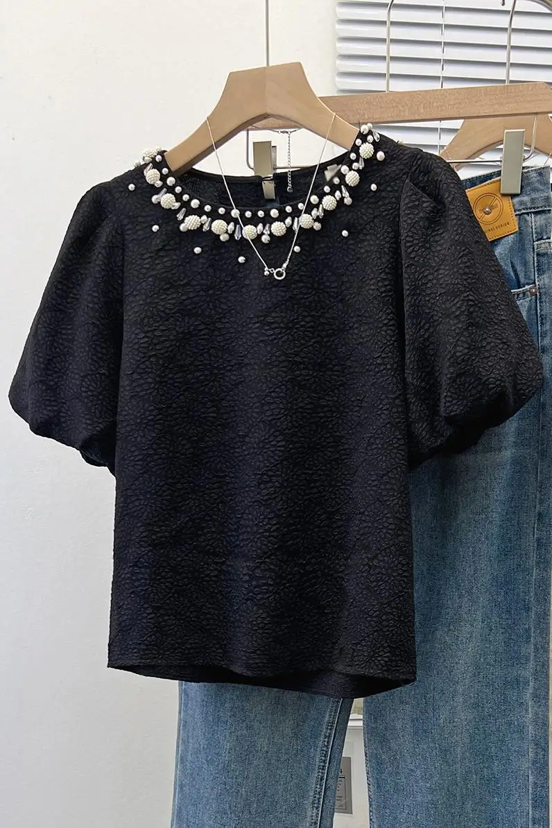 2024 New Summer Short Sleeve Peals Beading Shirt Women Korean Style O-Neck Casual Loose Blouse Tops Black White Blusas De Mujer