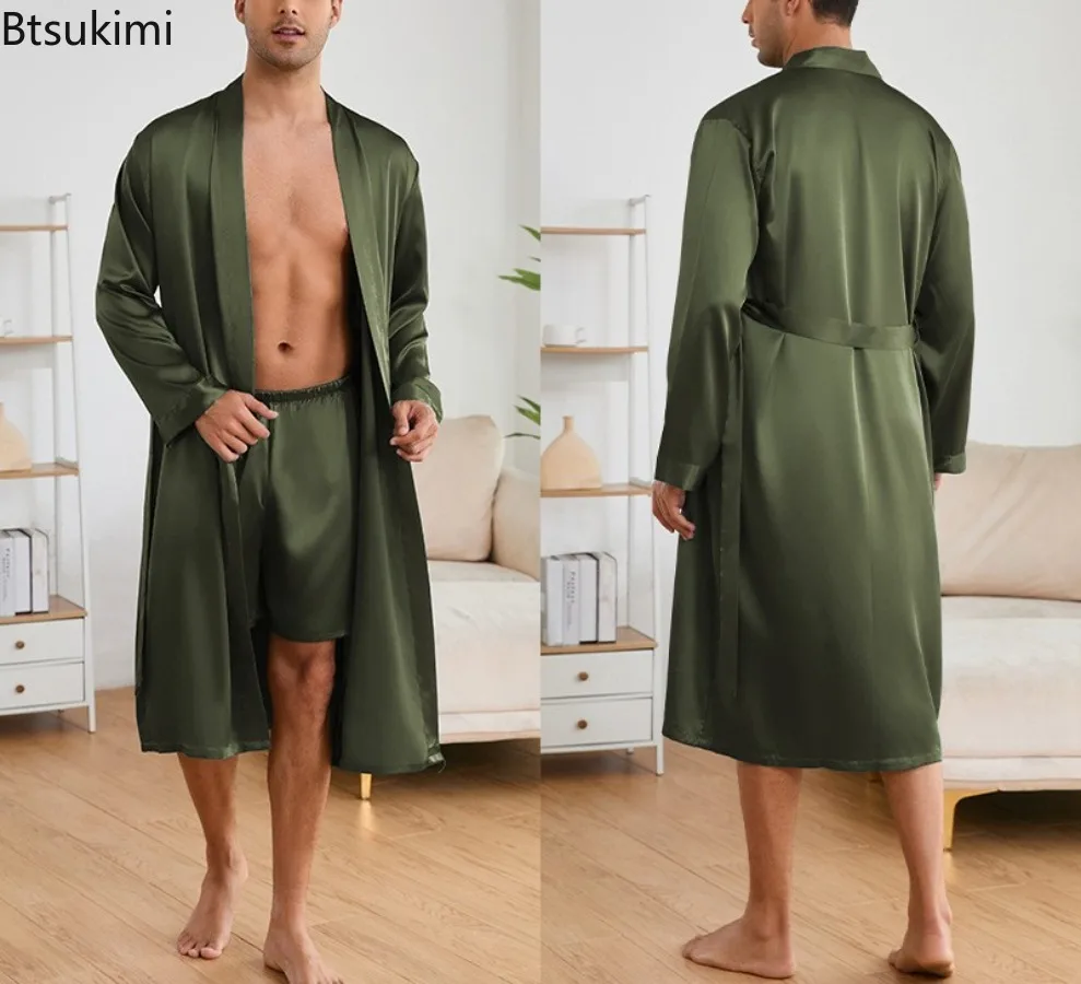 الصلبة ملابس المنزل البشاكير مجموعة الرجال حريري الساتان الرجال ملابس نوم فضفاضة اليابانية رجالي بيجامة مجموعة الصيف كيمونو السراويل منامة دعوى