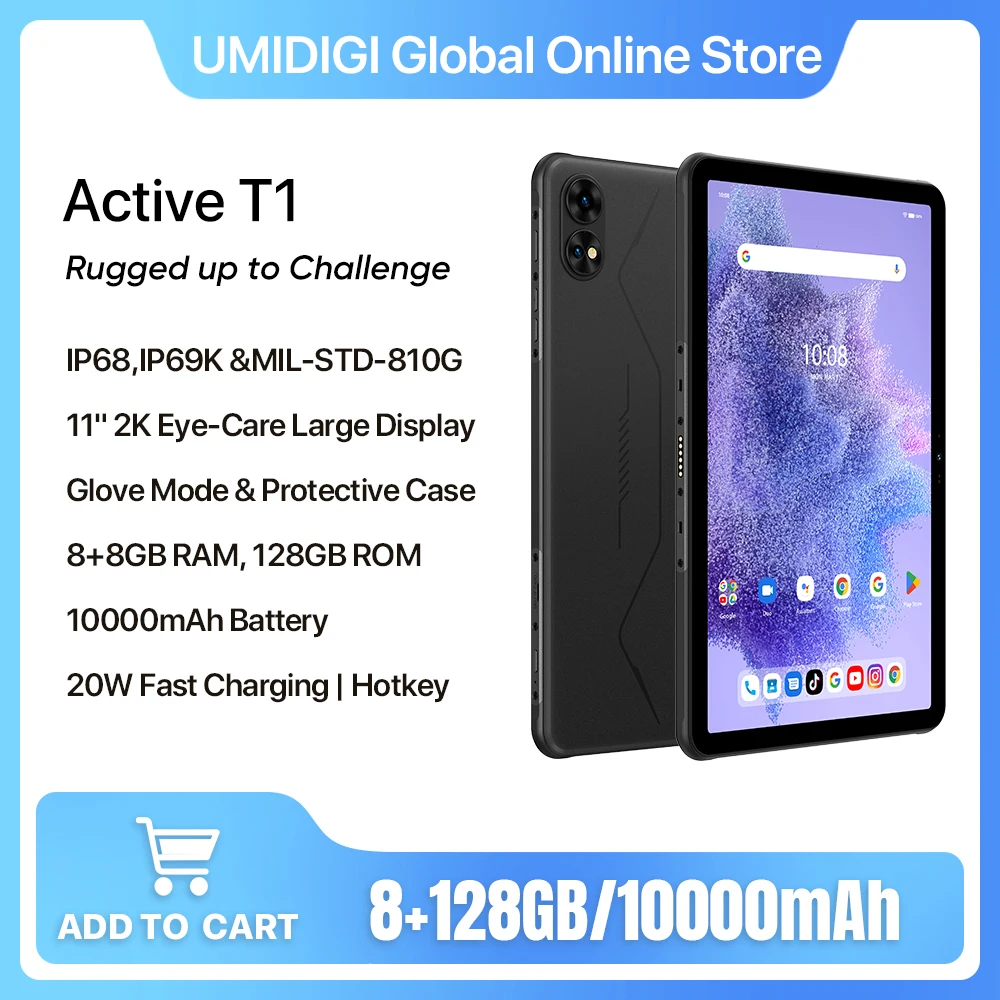 UMIDIGI Active T1 tableta robusta Android 13,16GB (8 + 8GB extendida) RAM, 128GB ROM 10000mAh 11 "2K HD 20W tableta con teclado