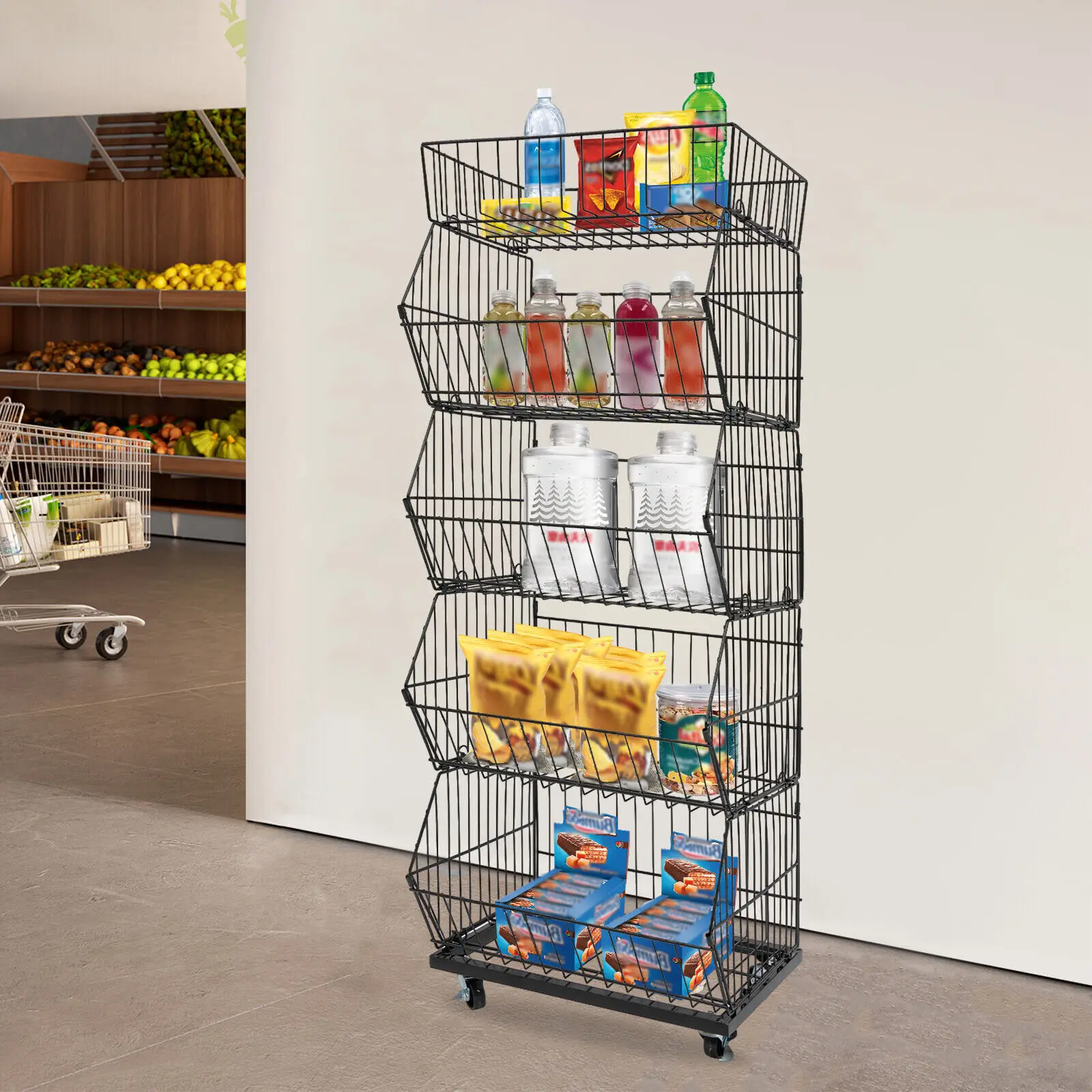 

5 Tier Wire Grid Retail Display Shelf Merchandise Display Rack Stand W/ Wheels
