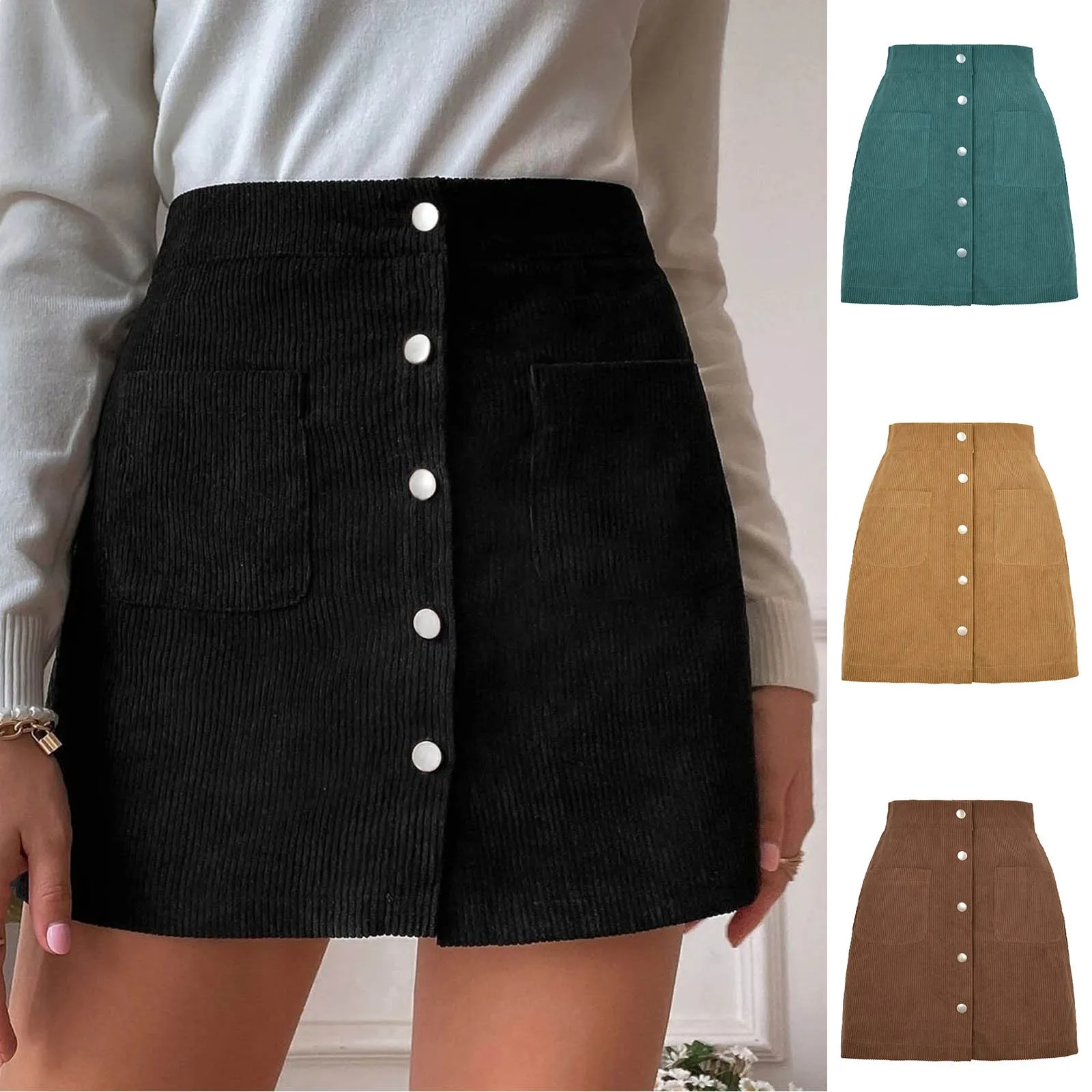 Women's Short Skirt High Waist Corduroy Hip Wrap Slim Fit Solid Mini Skirt Single-breasted Fashion Casual 2024 Spring