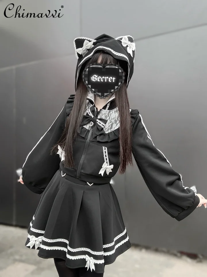 

Japanese Subculture Cute Cat Ear Skirt Set Autumn Winter Lolita Long Sleeve Short Sports Outfit Long Sleeve Hoodie Mini Skirt