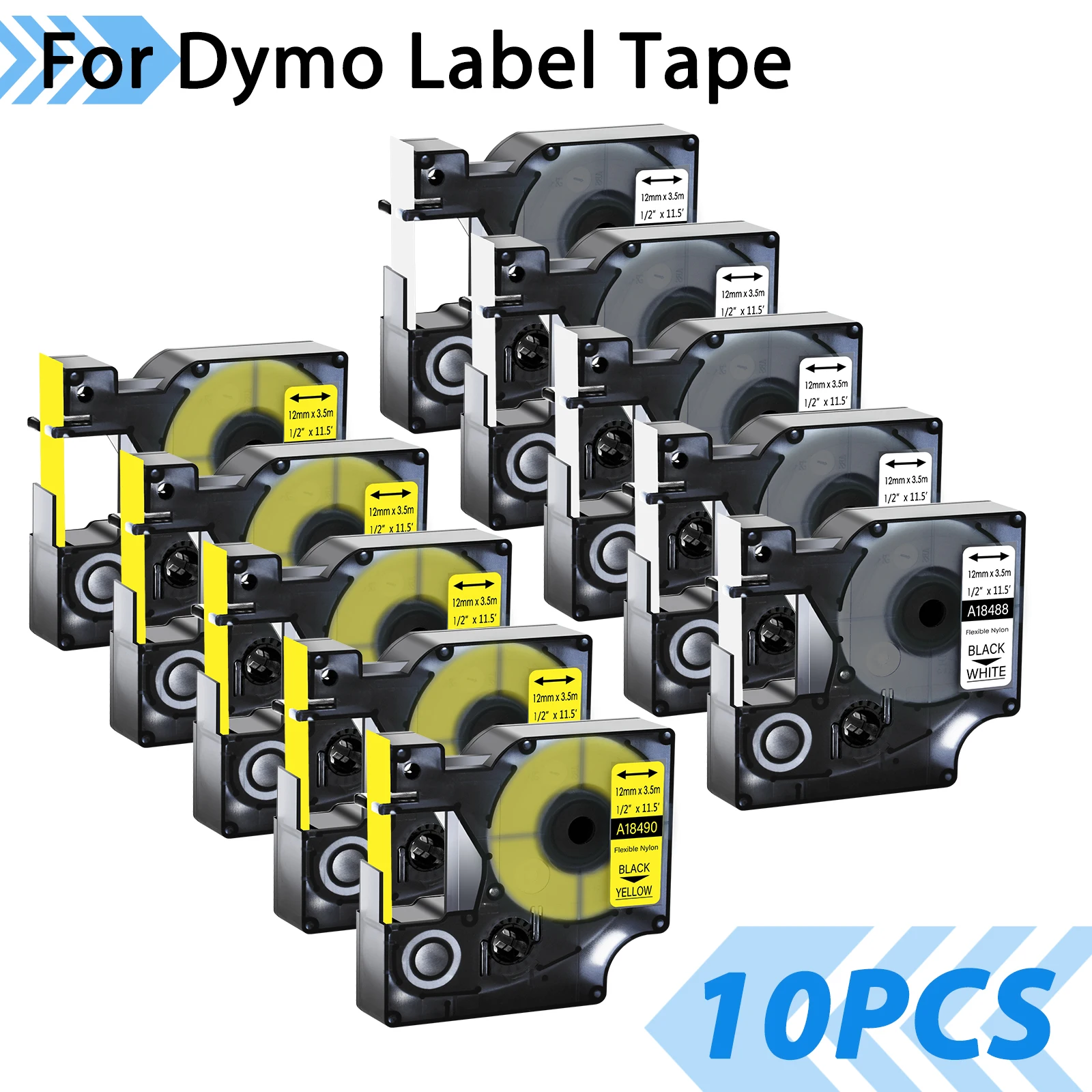 

3-10PCS Label Tapes Compatible for DYMO Vinyl/ Flexible Nylon Label A18488 A18444 A18483 12/19mm Ribbon For Dymo Rhino 1000 5200