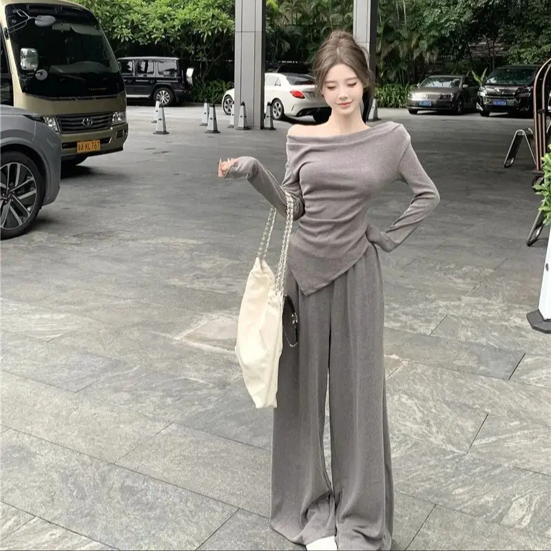 

Fashion suit women's one-shoulder irregular T-shirt 2024 autumn drape straight pants mopping pants two-piece suit