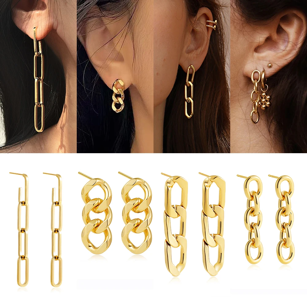 

Punk Cool Cuban Link Chain Earrings for Women Gold Plated Stainless Steel Long Chains Drop Earrings Vintage Jewelry Party Gift