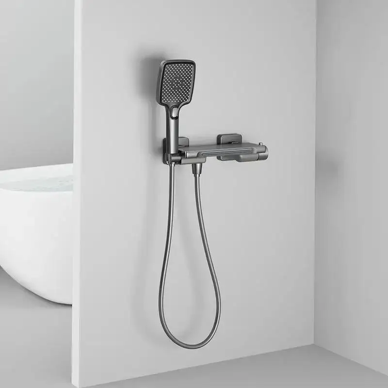 Robinet de baignoire cascade gris, ensemble de douche, salle de bains domestique, mitigeur mural en laiton chaud et froid, pomme de douche de bain