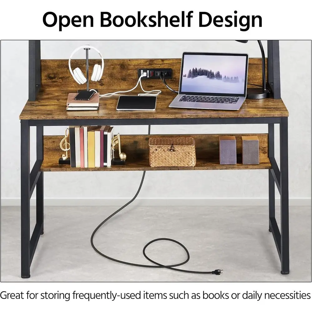 مكتب كمبيوتر محمول على الطراز الصناعي مقاس 47 بوصة باللون البني الريفي مع حافظة وأرفف تخزين ومخرج طاقة ومنفذين USB للمكتب المنزلي