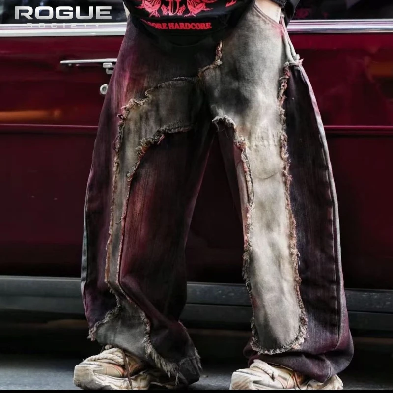 

Grunge Patchwork Acid Wash Jeans Wide Leg Denim Pants Streetwear Y2K Dark Raw Edge Frayed Vintage Punk Harajuku Trousers Unisex