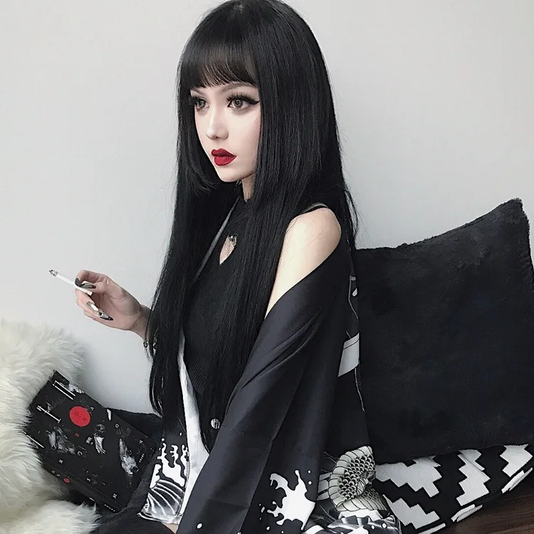 Black long straight hair synthetic wig for Halloween cosplay wig for role-playing daily wear, high-temperature wire wig cap