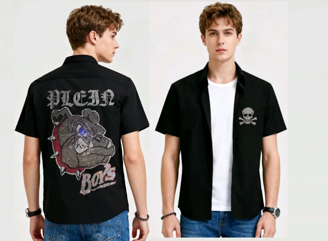 

Men's Summer Vintage Skull Short Sleeve Shirt with Sparkling Rhinestone Inlays Relaxed Slim Fit for Beach Holiday Travel and Dai