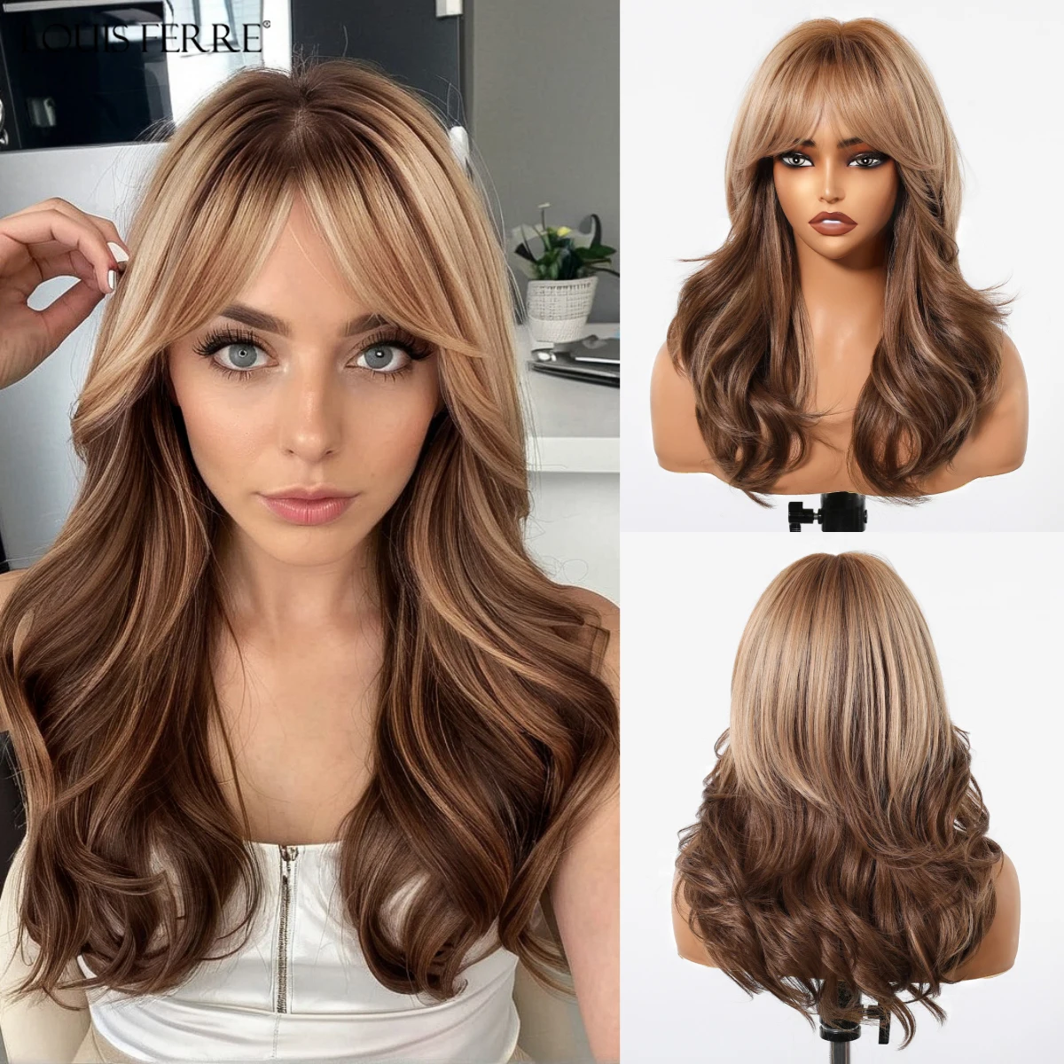 

Brown Blonde Ombre Synthetic Wig With Eight Character Bangs For Women Long Wavy Curly Wig For Daily Party Cosplay Heat Resistant