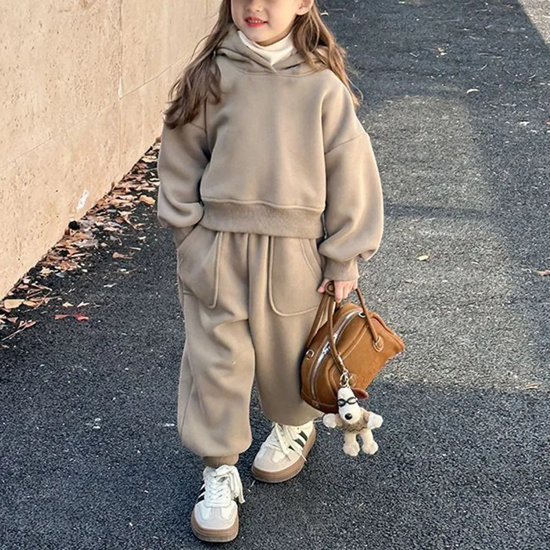 2024 Winter New Children Plus Velvet Thick Warm Set Boys Girls Hooded Fleece Sweatshirt + Sweat Pants Suit Kids Casual Outfits