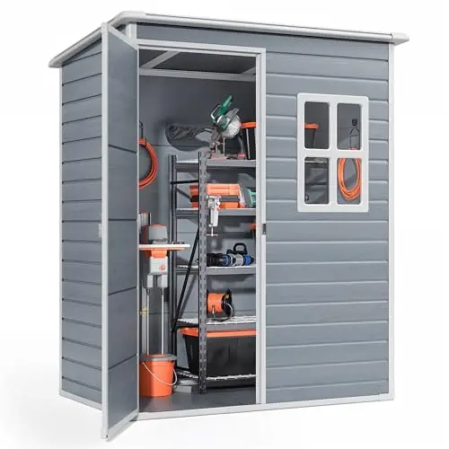 5x3 FT Outdoor Storage Shed, Resin Weatherproof Garden Shed, Gray | Lockable Door, Resin Floor, Ventilation, Fits
