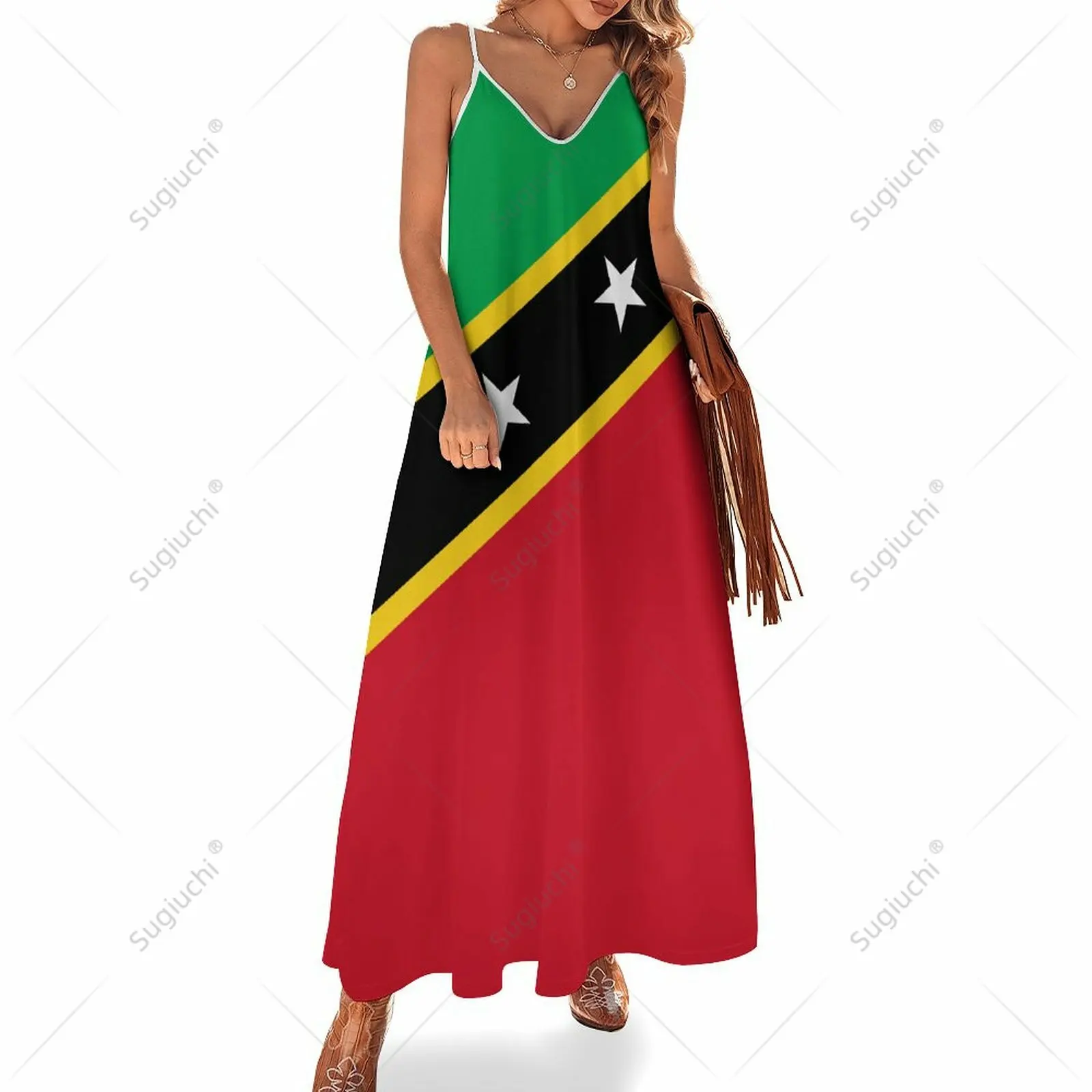 Long Dresses Dress Saint Kitts And Nevis Flag Print New Casual Sleeveless Women's V-Neck Printed Dress Swing Retro Dresses