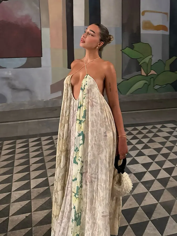 여름 패션 해변 휴가 스타일 우아한 꽃무늬 백리스 민소매 섹시 미디 드레스