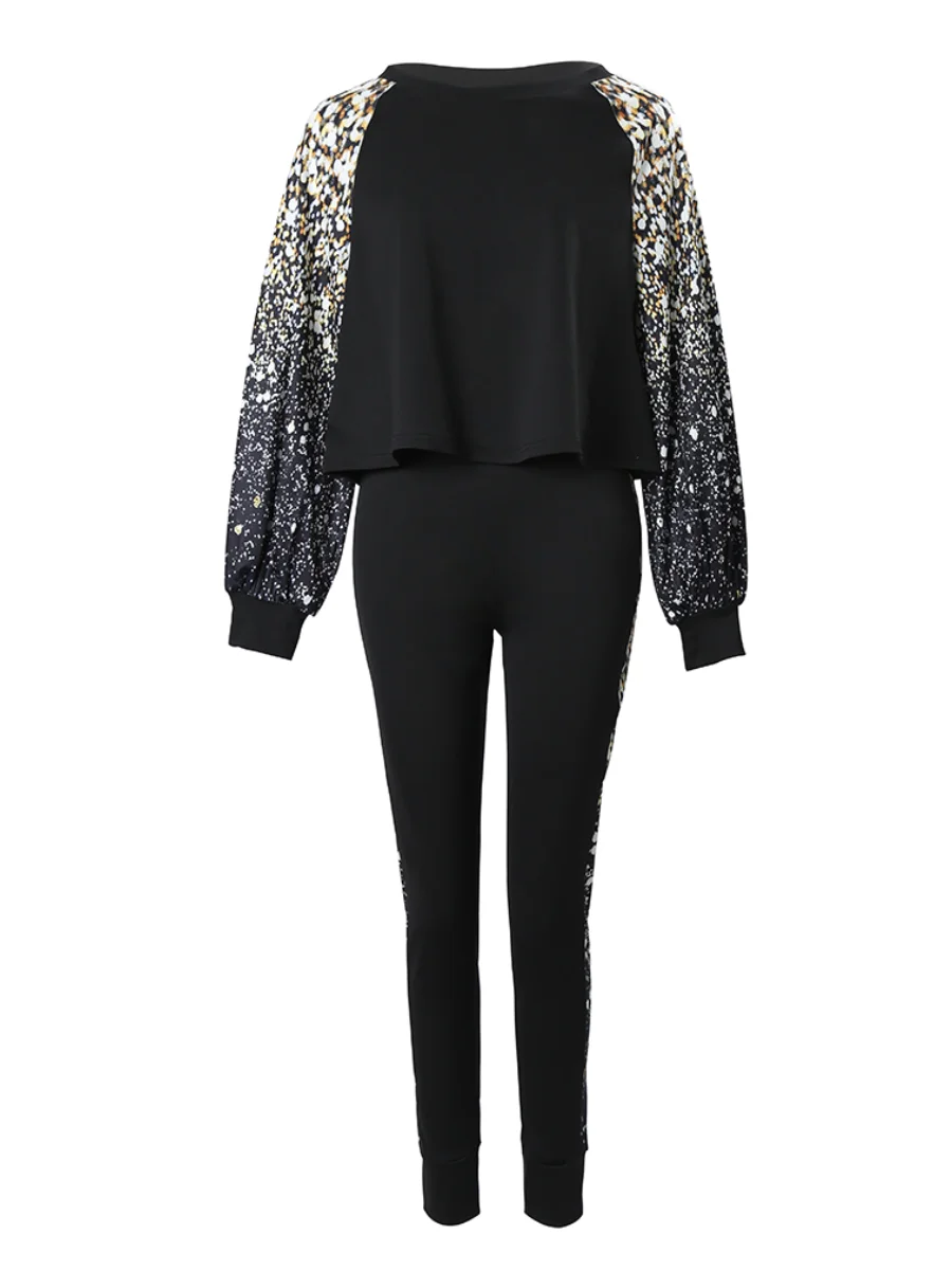 LW Plus Size Two pieces set Fall Women Two Piece Sets Lantern Sleeve Sequined print top+ Skinny Pants Set Streetwear 2pcs Suits