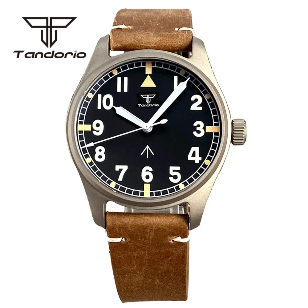 Tandorio 39mm Titanium Material Case 200m Dive Pilot Automatic Watches for Men Sapphire Glass Screw Crown Leather Green Luminous